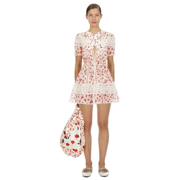 Self Portrait Ditsy Floral Lace Cover Up Kimono Red White Sheer NWT Size S - Picture 1 of 15